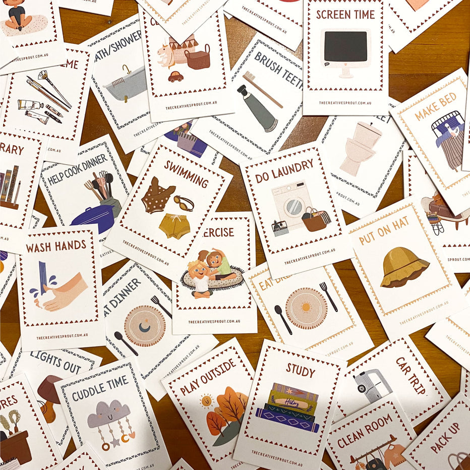 72 Daily Routine Cards & timber stand – our-sensory-life-